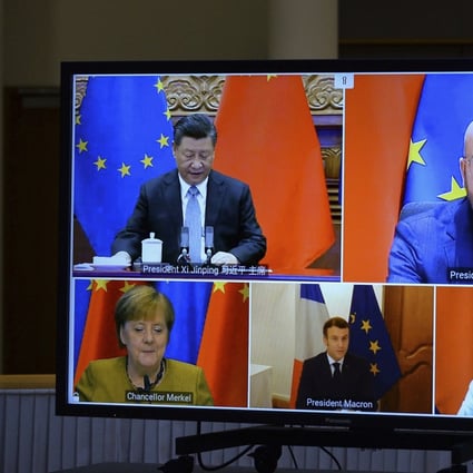 President Xi Jinping (top left) attends a video conference call with top European Union officials in December to finalise the terms of a China-EU business investment deal that was suspended this week. Photo: AP