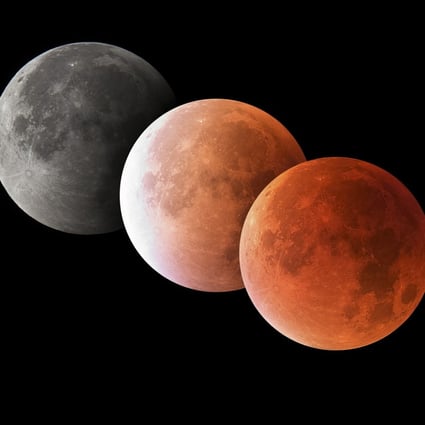 A super blood moon turns orangey-red (above, right). The colour fades as a partial eclipse ensues (above, centre), followed by a penumbral eclipse, when the moon appears a dulled grey (above. left). Photo: Getty Images/Westend61