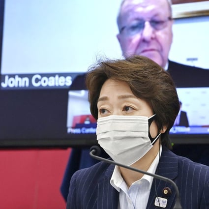 President of the Tokyo Olympic and Paralympic organising committee, Seiko Hashimoto, at a press conference with International Olympic Committee vice-president John Coates in Tokyo, Japan in May. Photo: Kyodo