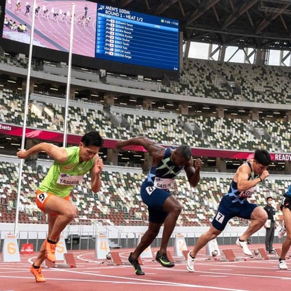 The heats for the Olympics men’s 100m race at the National Stadium in Tokyo on May 9, 2021. Photo: AFP