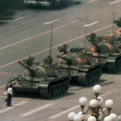 A man stands in front of a line of tanks at Tiananmen Square in Beijing on June 5, 1989. Photo: AP