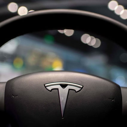 Part of an interior view of a Model 3 seen at a Tesla outlet in a shopping mall in Beijing on May 26, 2021. Photo: AFP