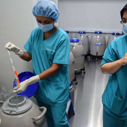 Members of staff at the KL Fertility Centre in Kuala Lumpur demonstrate part of the egg freezing procedure. Photo: AFP