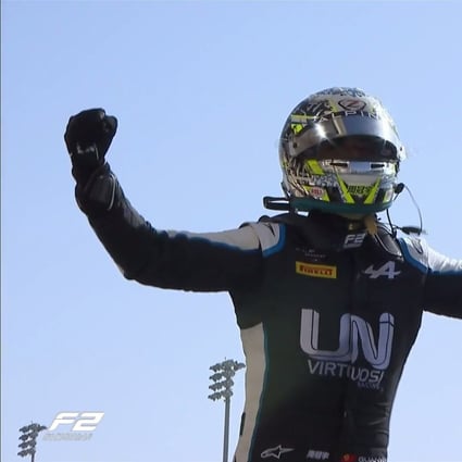 Chinese UNI-Virtuosi Formula 2 driver Zhou Guanyu celebrates winning the first feature race of the 2021 season at the Bahrain International Circuit. Photo: Twitter/@Formula2