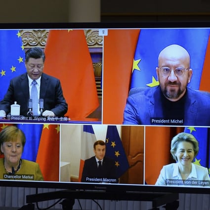 European Council president Charles Michel (top right) met Chinese President Xi Jinping (top left) during an EU-China Leaders‘ meeting video conference in December. Photo: AP