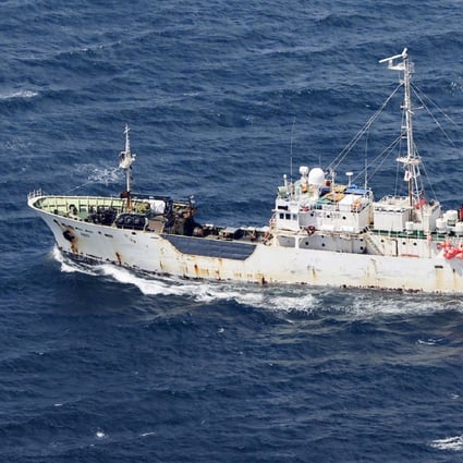 The Russian cargo ship Amur pictured after colliding with Japanese crab fishing vessel Hokko Maru No. 8 in the Sea of Okhotsk, north of Japan’s Hokkaido island, on May 26. Photo: Kyodo News via AP