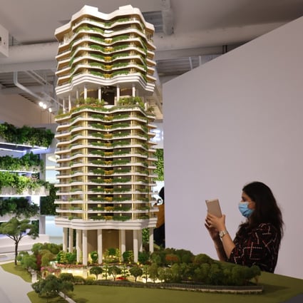 A scale model of Shun Tak Holdings’ Park Nova ultra-luxury residence in Singapore on display at the Shun Tak Centre in Sheung Wan on June 9, 2021. Photo: May Tse