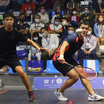 Yip Tsz-fung (right) is the new Hong Kong men’s champion after defeating Henry Leung Chi-hin in the Squash Championships final. Photo: Dickson Lee