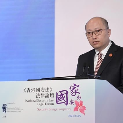 Zheng Yanxiong, director of the Office for Safeguarding National Security, speaks at the forum’s opening ceremony. Photo: Handout
