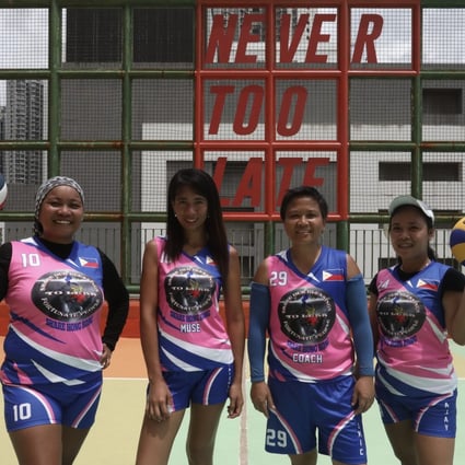 Foreign domestic workers Maan Salvador, Tatz Choresca, Jhic Dacio and Allen Joy Juan said volleyball provides a variety of benefits for them both on and off the court. Photo: Jonathan Wong