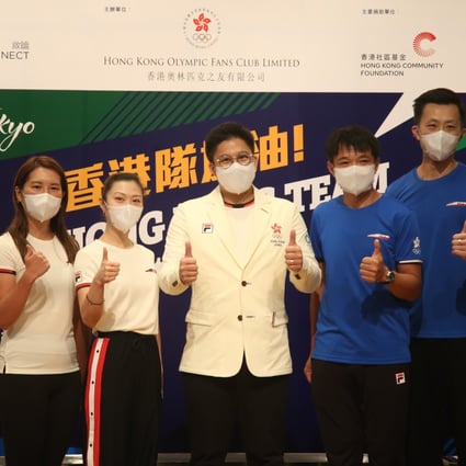 Past Olympians and Kenneth Fok show their support for Hong Kong athletes at the ‘Go Hong Kong Team’ launch ceremony. From left: Claudia Lau, Angel Wong, Wong Kam-po and Lam Hin-chung. Photo: Handout