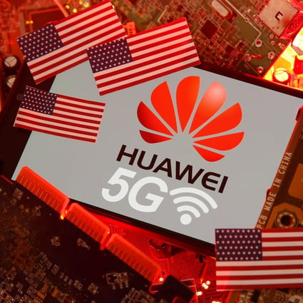 The US flag and a smartphone with the Huawei and 5G network logo are seen on a PC motherboard on January 29, 2020. Photo: Reuters