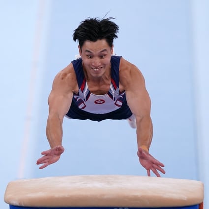 Hong Kong gymnast Shek Wai-hung is airborne as he takes part in the men’s vault competition at the Tokyo Games. Photo: DPA