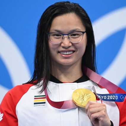 Tokyo Olympics gold medallist Margaret MacNeil, of Canada, after winning the women’s 100m butterfly at the Tokyo Aquatics Centre in Japan. Photo: AFP