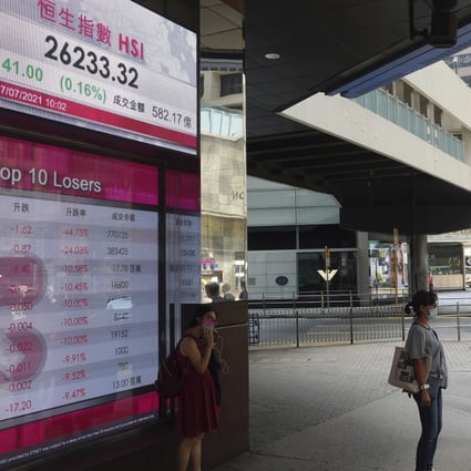 An electronic board shows the share index at the Hong Kong stock exchange. Deals in the city have been boosted by a monetary authority scheme that subsidises bond issuance expenses for first-time green and sustainable bond issuers. Photo: AP