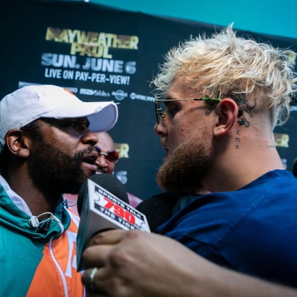 Floyd Mayweather (left) and Jake Paul clash at a media engagement in Miami Gardens, Florida. Photo: AFP