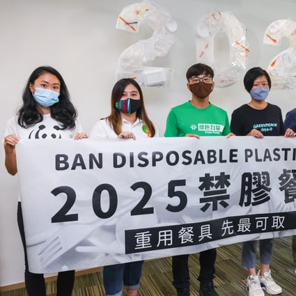 Members of green groups urge the Hong Kong government to ban disposable plastic tableware by 2025. Photo: Dickson Lee
