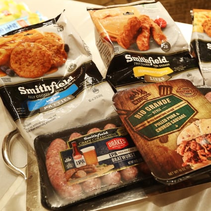 Some of the products made by Smithfield Foods, owned by WH Group, on display during a news conference in Hong Kong. Photo: Nora Tam