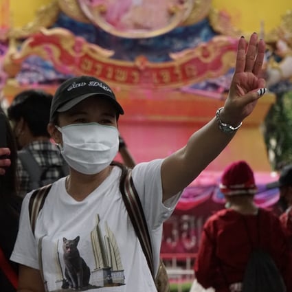 A young Thai protester in Bangkok gives the three-fingered salute adapted from the Hollywood movie The Hunger Games.