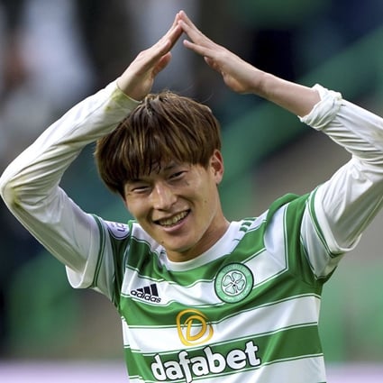 Celtic's Kyogo Furuhashi celebrates scoring in the Europa League play-off. Photo: AP