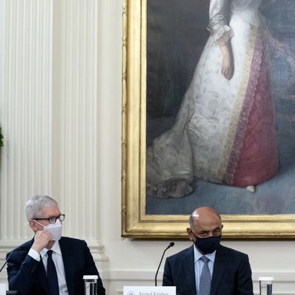 Apple CEO Tim Cook, from left, IBM CEO Arvind Krishna, and Alphabet CEO Sundar Pichai meet in the East Room of the White House on August 25 to discuss improving cybersecurity with US President Joe Biden. Photo: Bloomberg