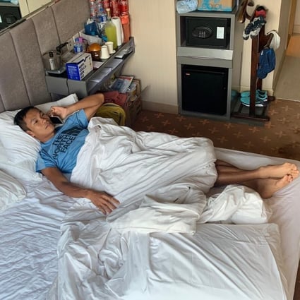Wong Ho-chung in his quarantine hotel where he must remain for 21 days after racing 171km in France. Photo: Handout