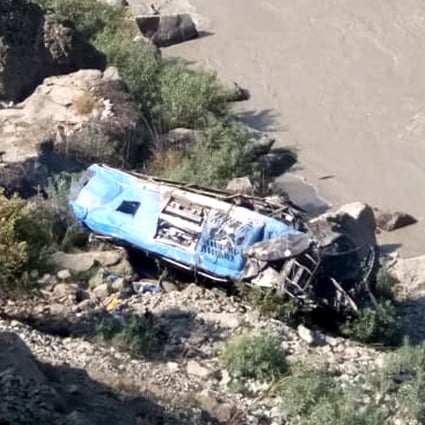 The wreckage of a bus that plunged into a ravine following a blast in Pakistan’s northwest Khyber Pakhtunkhwa province is seen on July 14. Photo: Xinhua