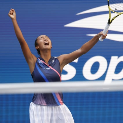 Leylah Fernandez of Canada reacts after winning a point against Elina Svitolina of Ukraine at the 2021 US Open. Photo: Geoff Burke/USA Today Sports