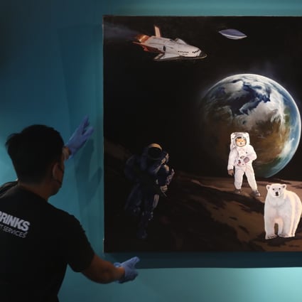 Future Has Arrived by Hunan artistic duo TAMEN, shown at Macey and Sons Auctioneers and Valuers in Hong Kong on July 23, 2021. The duo tokenised one of their physical paintings and sold an NFT together with the artwork. Photo: Jonathan Wong