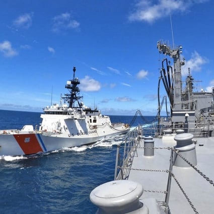 A Japanese vessel conducts a joint training exercise with the US Coast Guard cutter Munro (left) in the East China Sea on August 26. Photo: Japan Maritime Self-Defence Force
