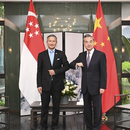 Singaporean Foreign Minister Vivian Balakrishnan (left) with his Chinese counterpart Wang Yi in March, during their meeting in the southeastern Chinese city of Nanping. Photo: AP
