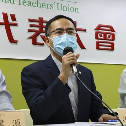 The president of the Professional Teachers’ Union, Fung Wai-wah, speaks at the meeting on Saturday. Photo: Handout