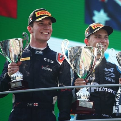 Dan Ticktum, Oscar Piastri and Zhou Guanyu celebrate on the podium after the feature race of the Formula Two 2021 Italian Grand Prix in Monza. Photo: Twitter/Formula Two