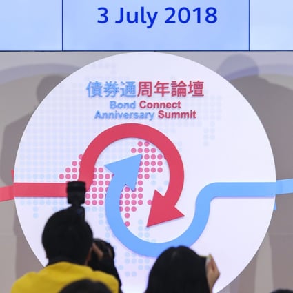 Pan Gongsheng, the deputy governor of the People's Bank of China (left) and Norman Chan Tak-lam, the former CEO of the Hong Kong Monetary Authority, during a seminar in July 2018 to mark the first anniversary of the Bond Connect, at the HKEX Connect Hall in Central. Photo: Sam Tsang