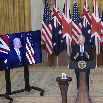 US President Joe Biden speaks at the White House about the new security alliance with Australia and Britain. Joining virtually were Australian leader Scott Morrison (left) and British Prime Minister Boris Johnson. Photo: EPA-EFE
