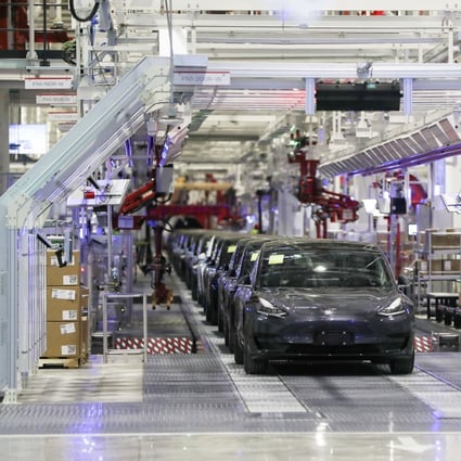Vehicles on an assembly line at Tesla’s gigafactory in Shanghai. Photo: AP