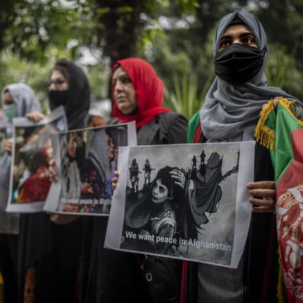 Afghan women hold a protest in New Delhi on September 16, 2021. Photo: AP