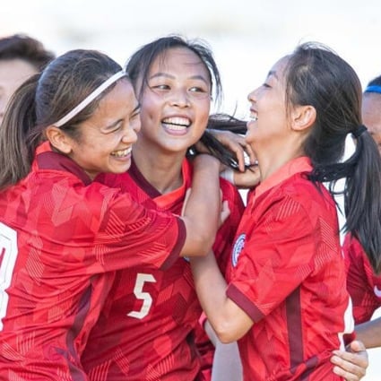 Hong Kong's women's footballers celebrate a goal in their 2-1 defeat to the Philippines in the AFC Women's Asian Cup India 2022 qualifying match in Tashkent, Uzbekistan. Photo: Asian Football Confederation
