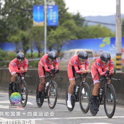 Pang Yao (third) has blood seeping from her leg after a crash in the women's team time trial at the 2021 National Games. Photo: Handout