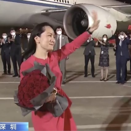 A teary-eyed Meng Wanzhou arrives back in Shenzhen on Saturday evening. Photo: CCTV
