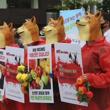 Activists wearing dog masks stage a rally in Seoul in 2020 opposing South Korea's culture of eating dog meat. Photo: AP