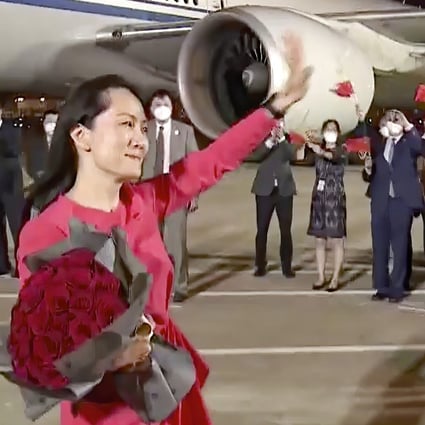 Huawei Technologies' chief financial officer, Meng Wanzhou, after her plane back to China landed in Shenzhen. Photo: CCTV
