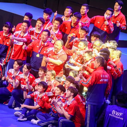 China celebrates on the podium after winning the BWF 2021 Sudirman Cup in Vantaa, Finland. Photo: EPA
