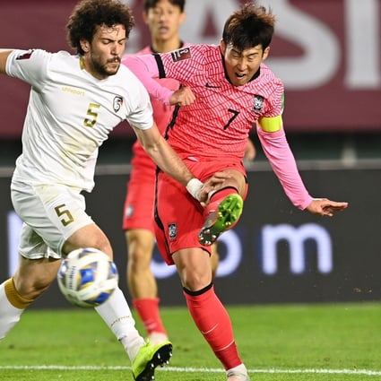 Son Heung-min shoots for South Korea in their Fifa World Cup Qatar 2022 Asian qualification football match against Syria. Photo: AFP