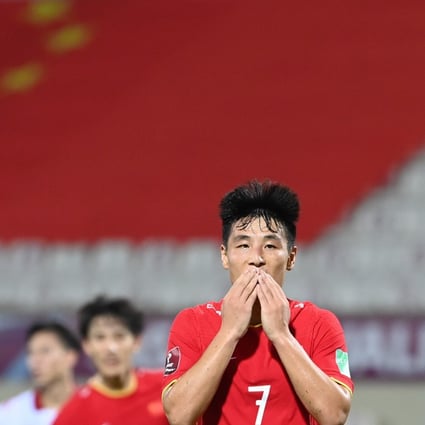 Wu Lei of China celebrates scoring during the Fifa World Cup Qatar 2022 Asian Football Confederation qualification match against Vietnam in Sharjah, the United Arab Emirates. China won 3-2. Photo: Xinhua