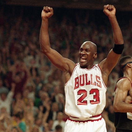 Chicago Bulls superstar Michael Jordan celebrates a win over the Portland Trail Blazers in the 1992 NBA Finals in Chicago. Photo: AP