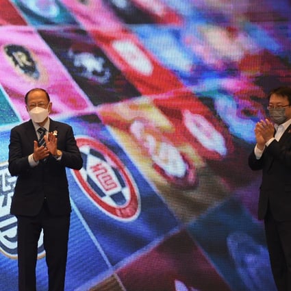 HKFA chairman Pui Kwan-kay (left) and BOC Life chief executive Wilson Tang introduce the new Hong Kong Premier League season. Photo: Chan Kin-wa