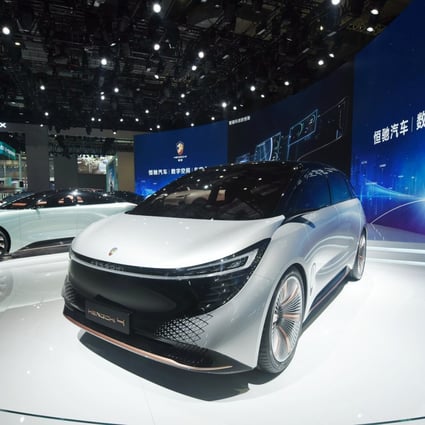 Evergrande Auto’s Hengchi models on display at the Shanghai Auto Show in April, 2021. Photo: Barcroft Media via Getty Images