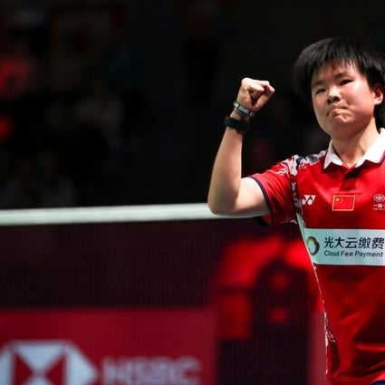 He Bingjiao of China reacts in the women's singles match against Line Christophersen of Denmark during a group D match between China and Denmark at the 2020 Uber Cup in Aarhus, Denmark. Photo: Xinhua