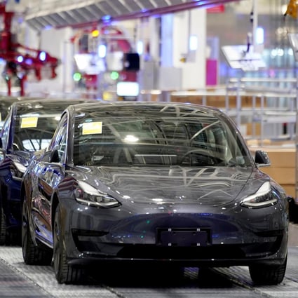 Tesla’s Model 3 vehicles seen during a delivery event at its factory in Shanghai on January 7, 2020. The Model 3 is one of many electric vehicles that rely on permanent magnet motors, an area in which researcher Zi-qiang Zhu says China lags. Photo: Reuters
